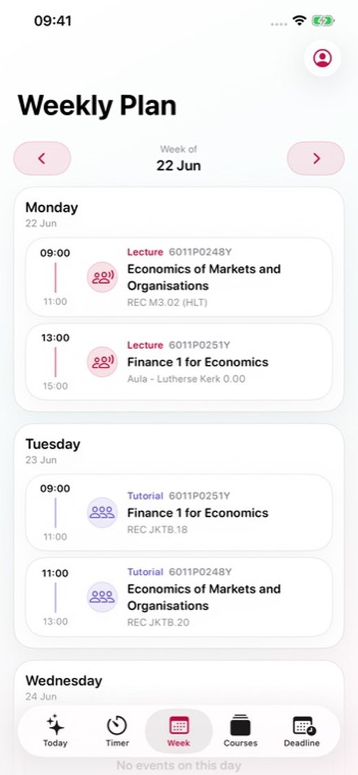 UniPilot weekly timetable